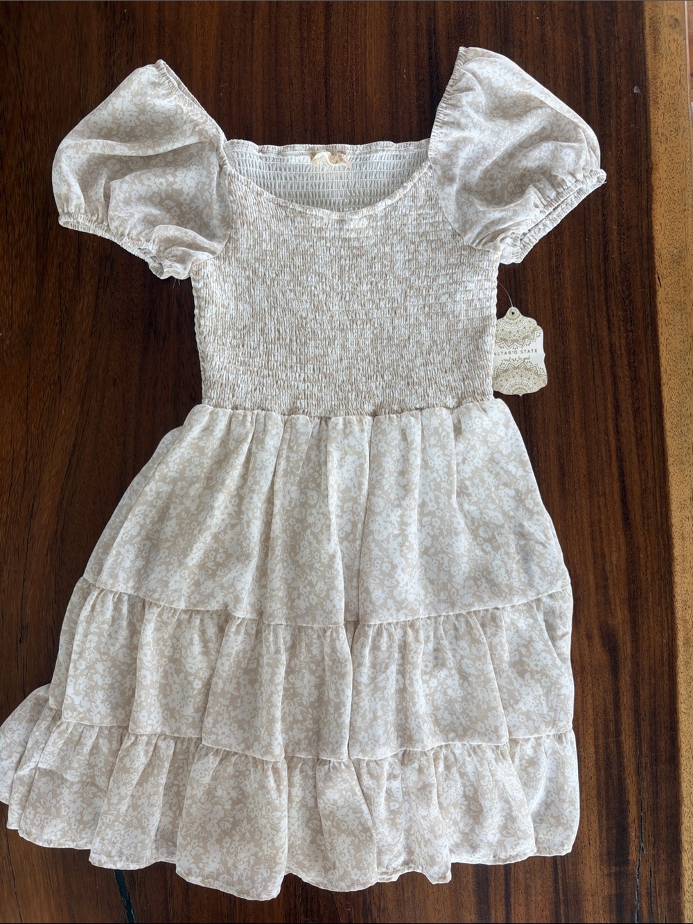 Altar'd State Cream Floral Puff Sleeve Tiered Dress, size small dress